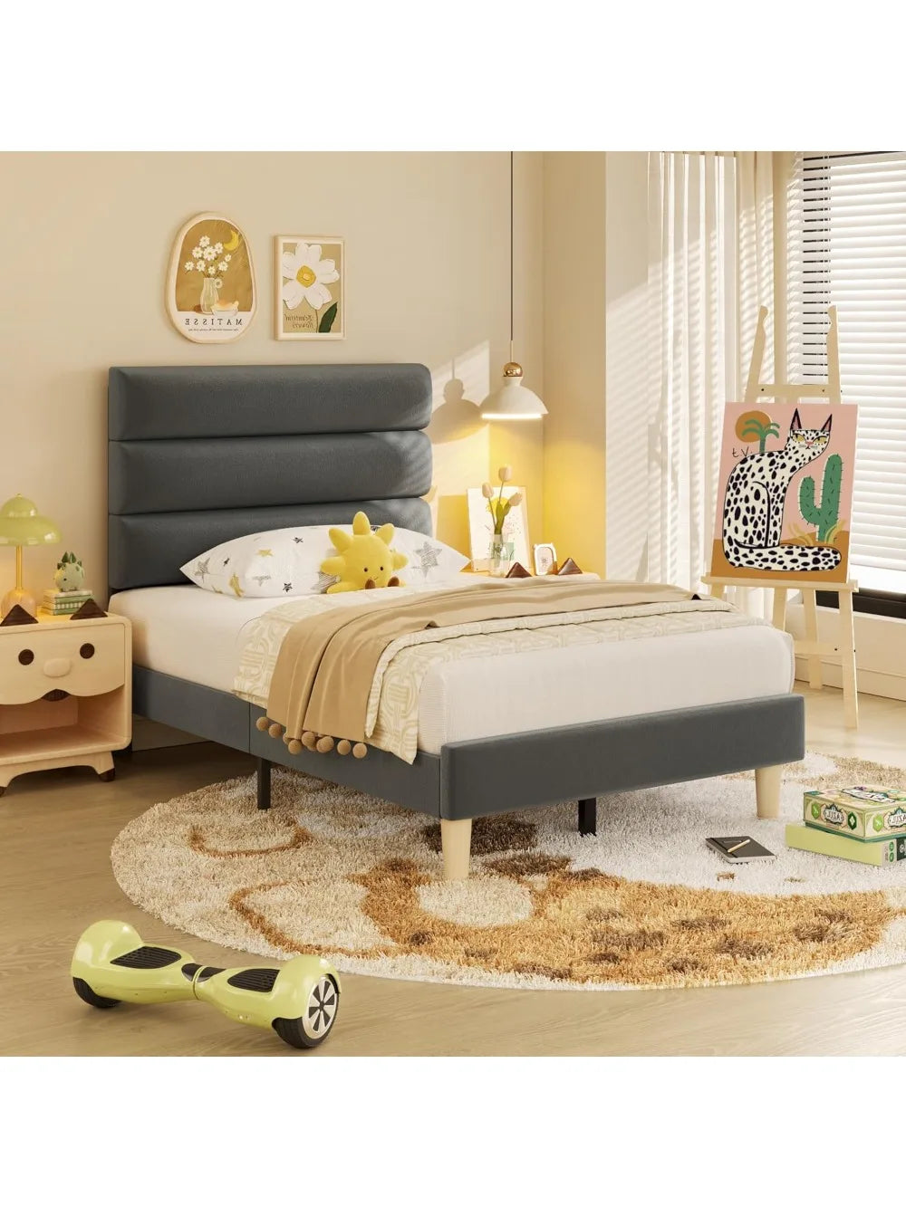 Twin Bed Frame Velvet Upholstered Headboard No Box Spring Needed