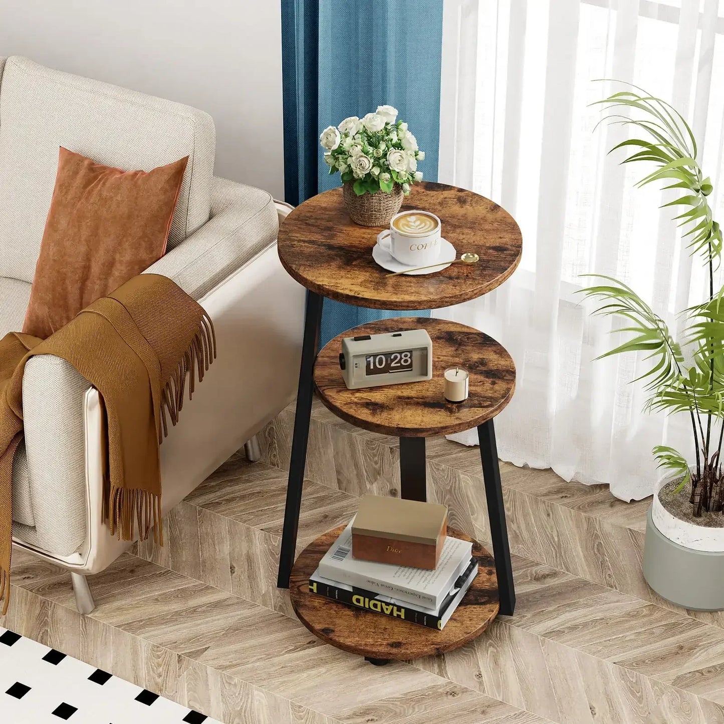 End Side Table Round Metal Frame 3-Tier Storage Coffee Table Nightstand