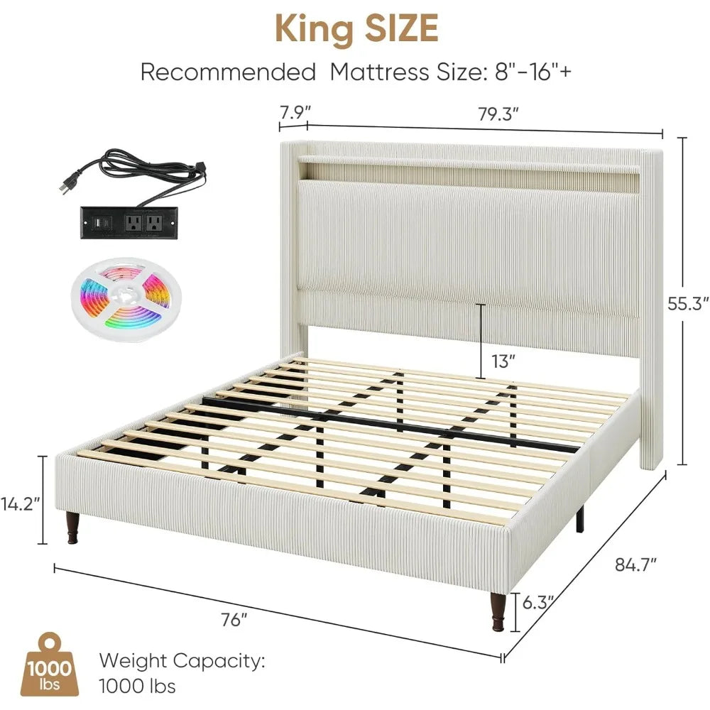 55.3 Inch Corduroy Upholstered Platform Bed Frame with LED USB Charging