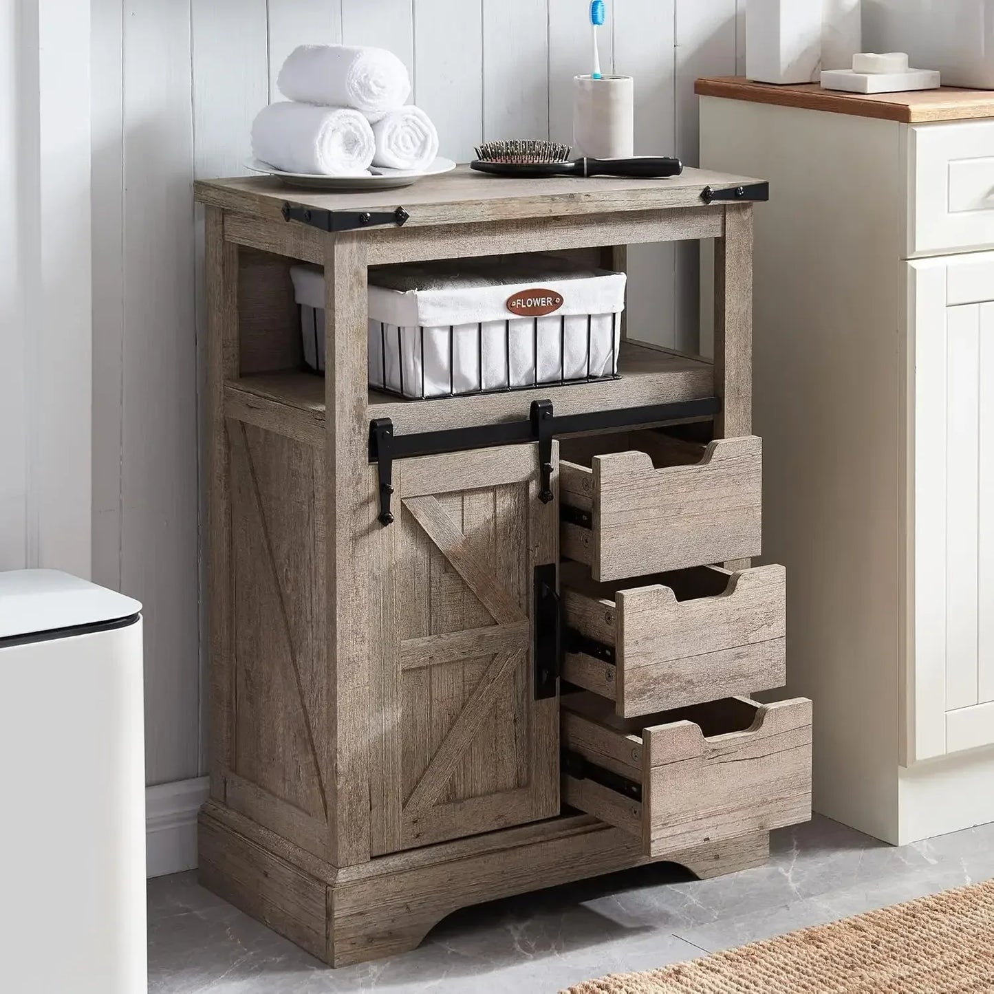 Bathroom Floor Cabinet Farmhouse Storage Cabinet with Sliding Door Drawers
