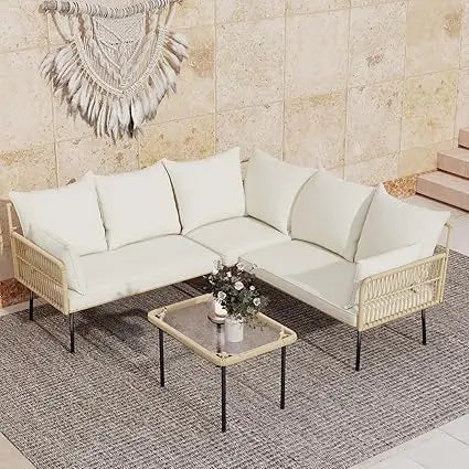 4-Piece Outdoor Wicker Patio Furniture Set with Cushions & Coffee Table – Boho L-Shaped Sectional