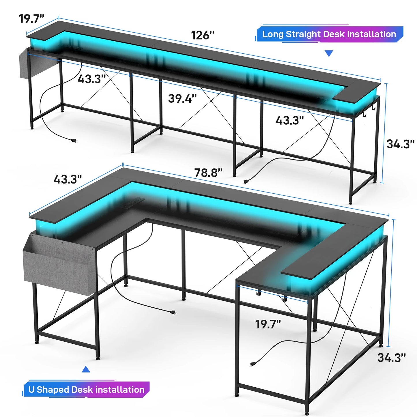 Modern L-Shaped Computer Desk with LED Lights Power Outlet and Shelves