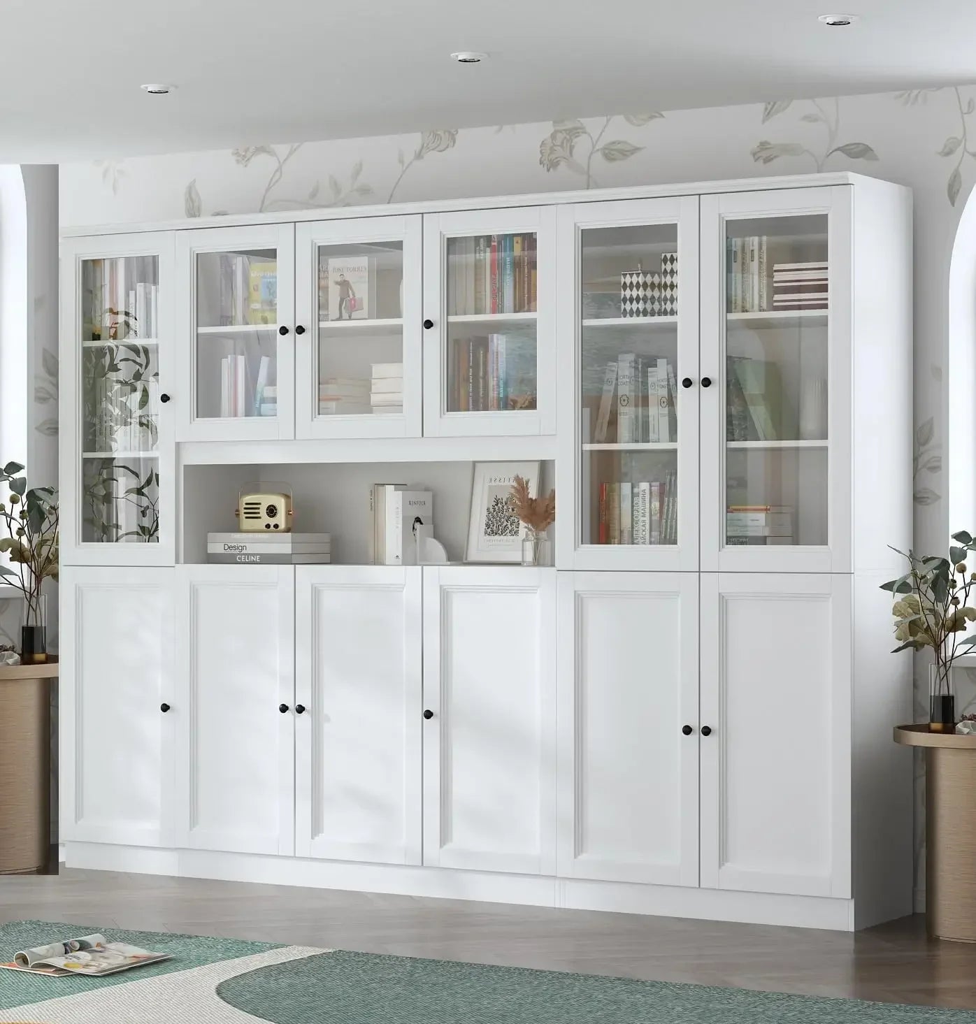 Tall Bookshelf with Glass Doors 3-Piece Bookcase Display Cabinet Set