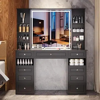 Black Vanity Desk with Lighted Mirror and 9 Storage Drawers for Makeup