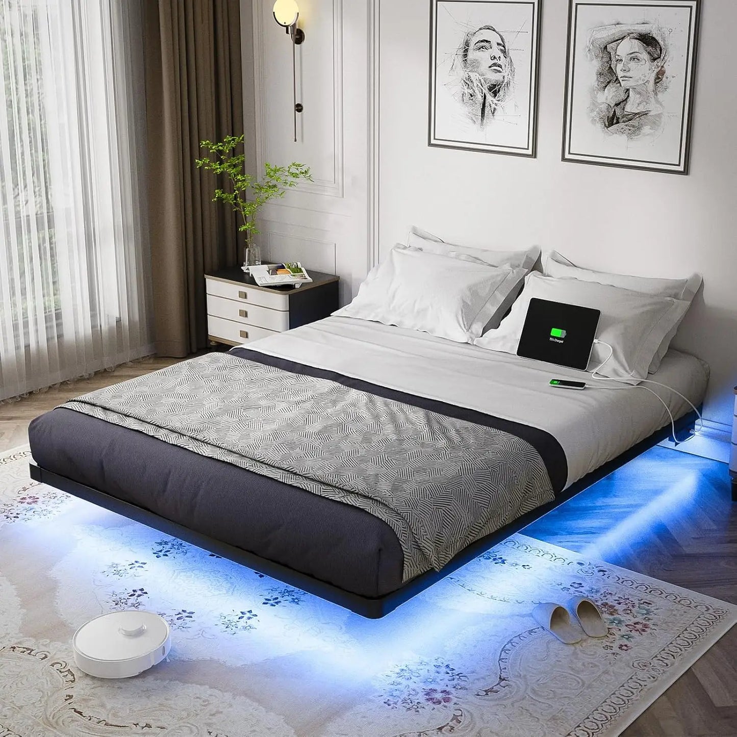 Floating Bed Frame Queen Size with LED Lights and Charging Station