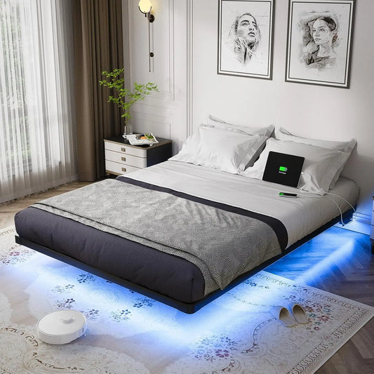 Floating Bed Frame Queen Size with LED Lights and Charging Station