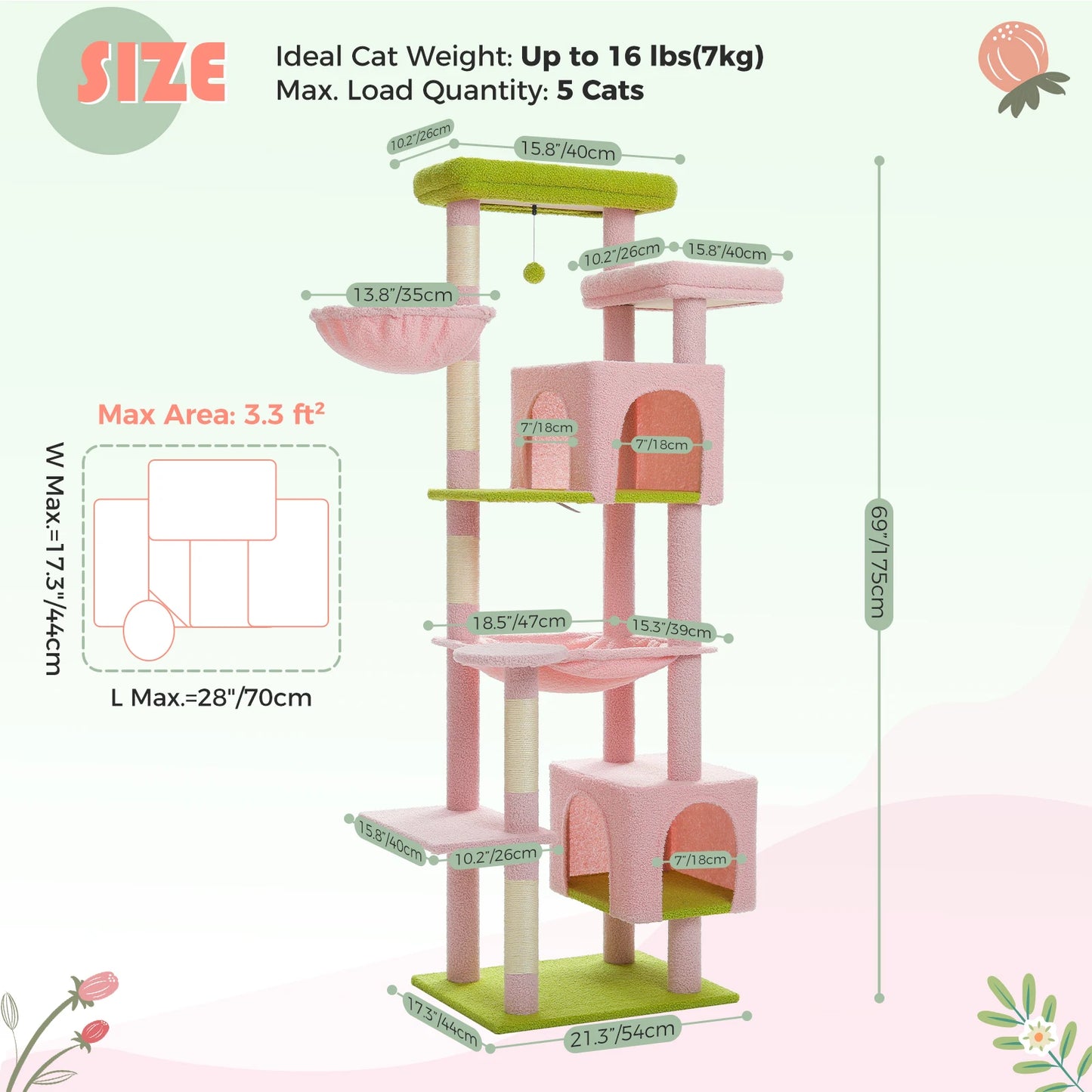 175cm Cat Tree for Large Cats with Hammock Condo Perch Scratching Posts