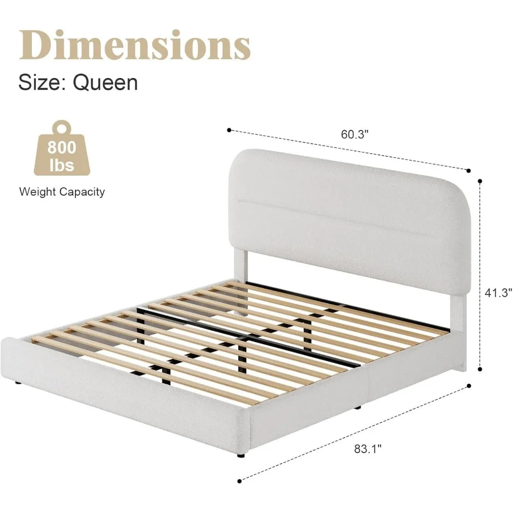 Boucle Upholstered Bed Frame Modern Soft Cloud Bed Frame with Headboard