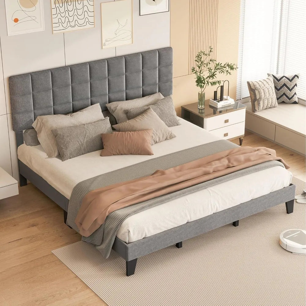 King Size Platform Bed Frame Adjustable Headboard Modern Linen