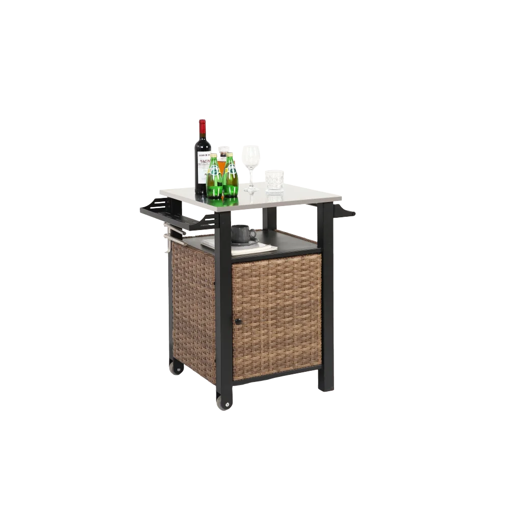 Single Door Bar Cart Outdoor Kitchen Wicker Rolling Cart Storage Cabinet