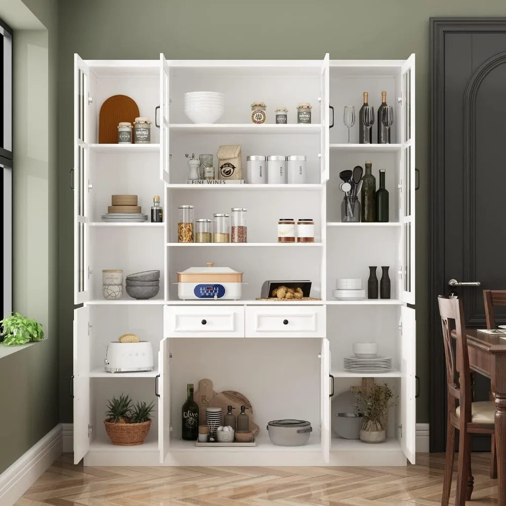 Large Kitchen Pantry Storage Cabinet Freestanding Cupboard with Glass Doors