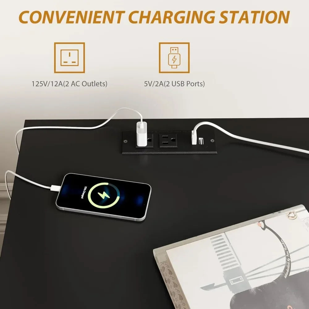 Black Nightstand with Charging Station USB Ports Power Outlets 26"