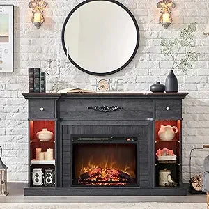 54 Inch Farmhouse Electric Fireplace TV Stand with LED Lighting Colors