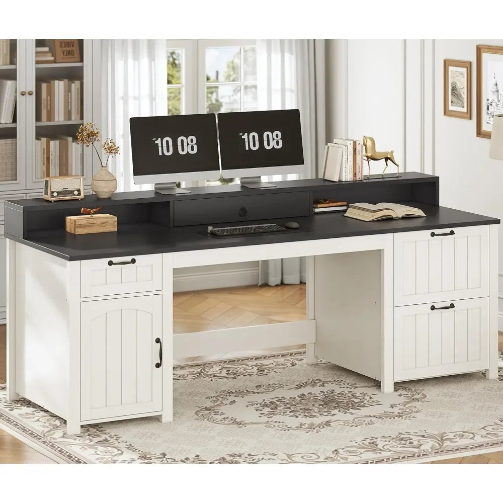 Farmhouse Executive Desk with File Drawer and Monitor Stand for Home Office