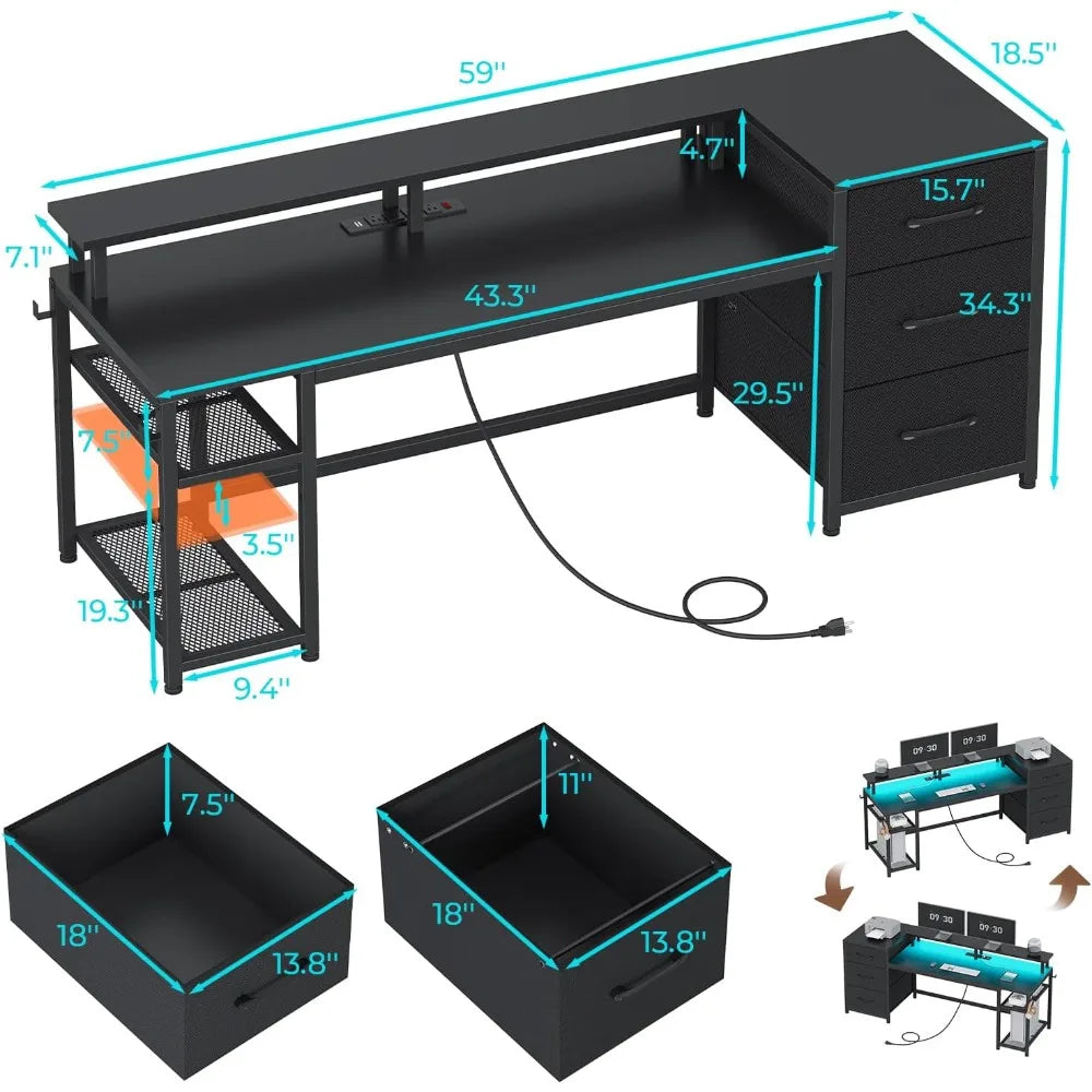 59 Inch Office Desk with Drawers Gaming Desk LED Lights Power Outlet