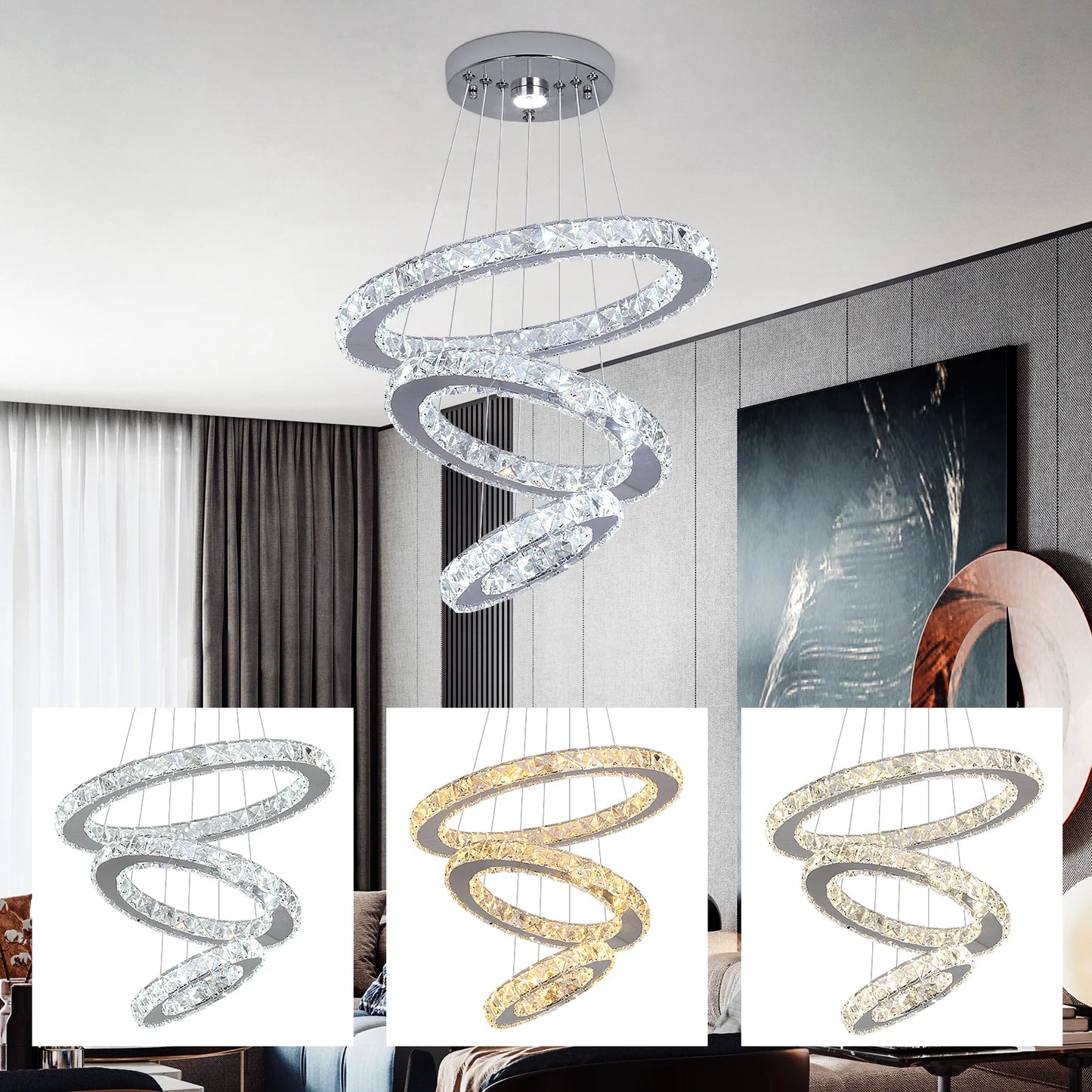 Luxury Crystal LED Chandelier 5 Ring Modern Ceiling Light Fixture