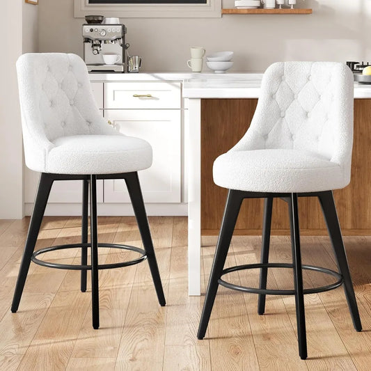 Modern Swivel Bar Stools Set of 2 Boucle Upholstered 26 Inch Height