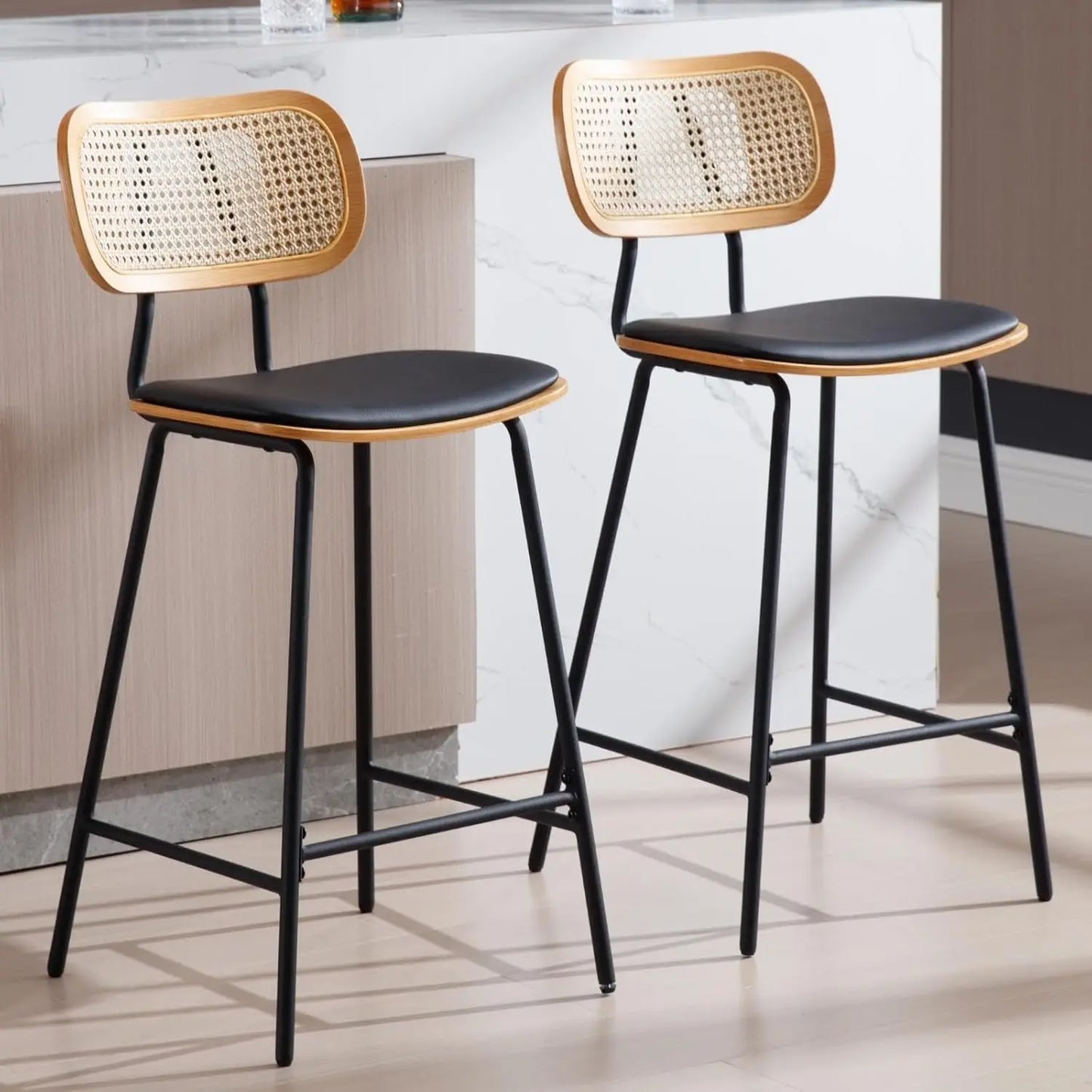 Modern Bar Stools Set of 2 Counter Height Rattan Back PU Upholstered