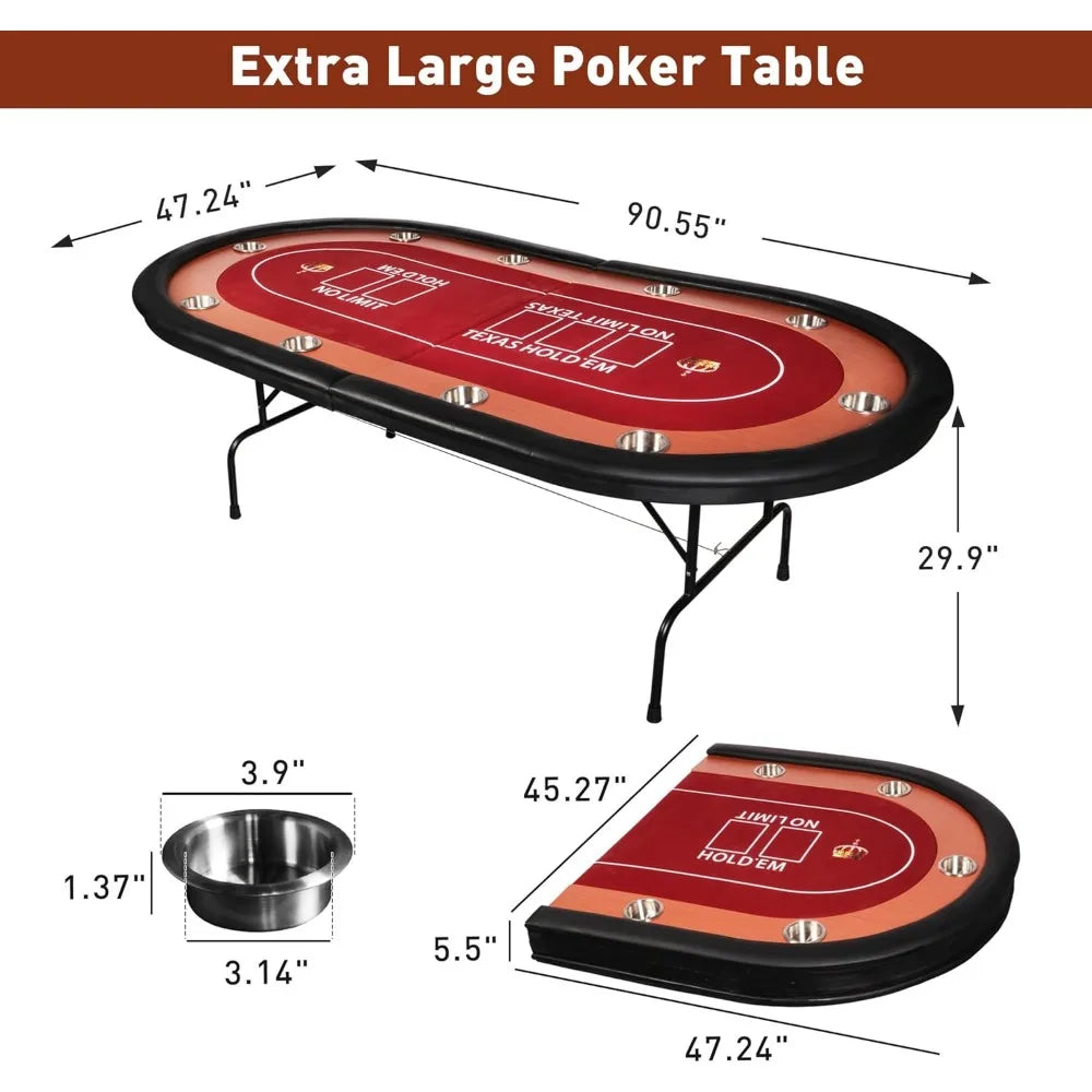 Portable 10 Player Foldable Poker Table with Cup Holders for Casino Fun