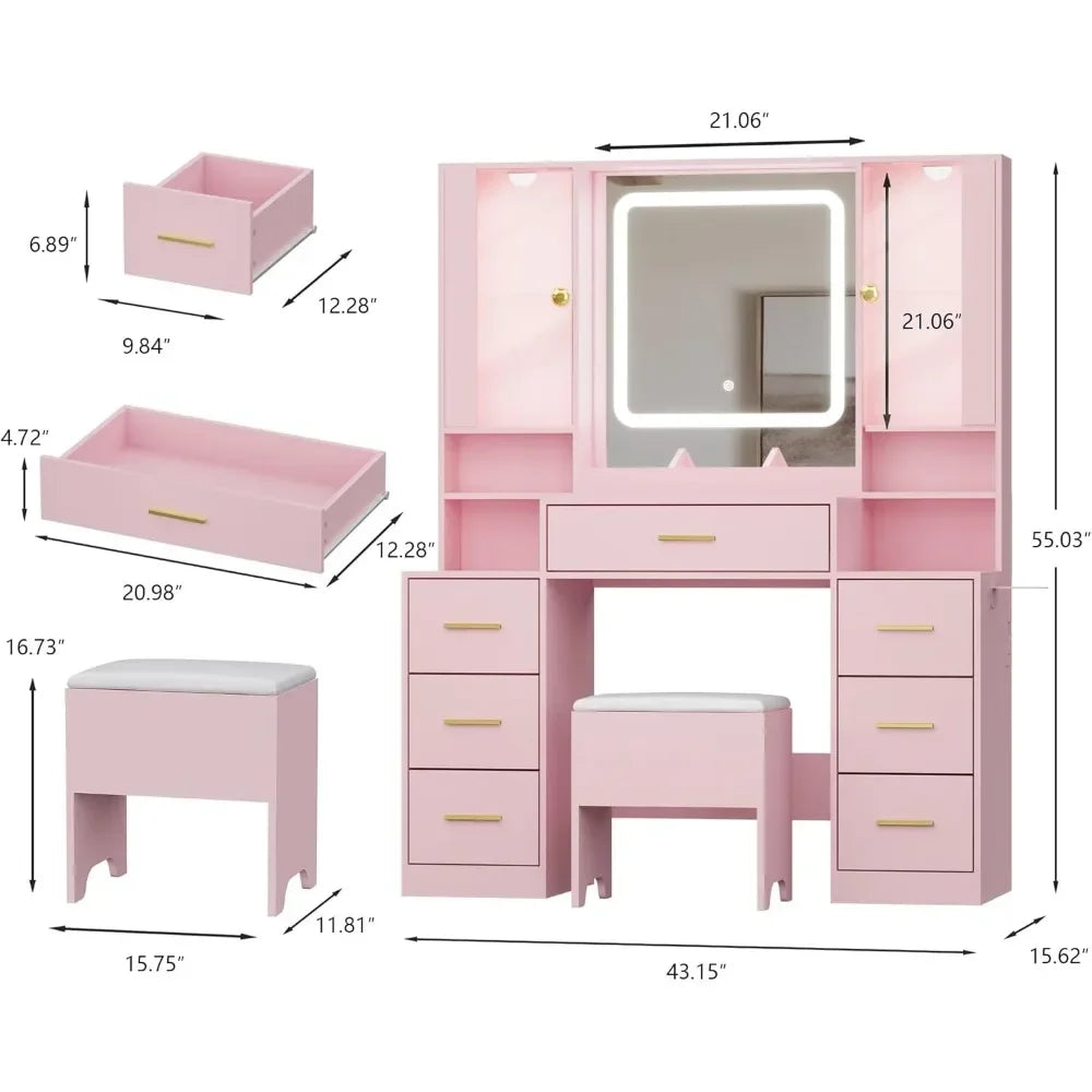 Makeup Vanity with LED Mirror Chair 7 Drawers RGB Cabinets White