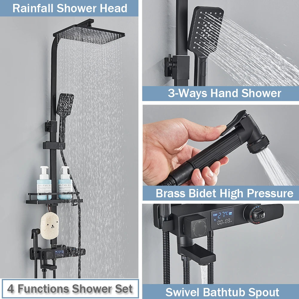 Black Digital Display Thermostatic Shower Faucet Rainfall Mixer Tap