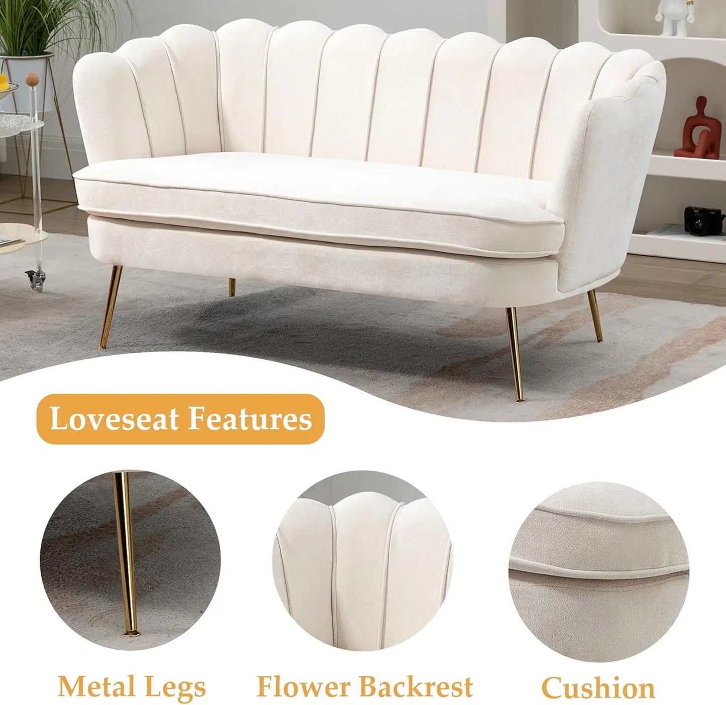 Ljustra Small Modern Chenille Loveseat Sofa with Gold Legs 2-Seater