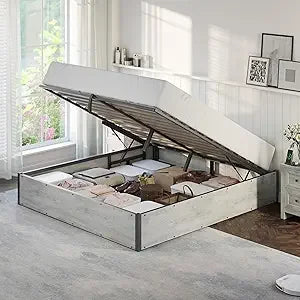 Ljustra Lift Up Storage Bed Frame Queen Wooden Platform Industrial Rustic