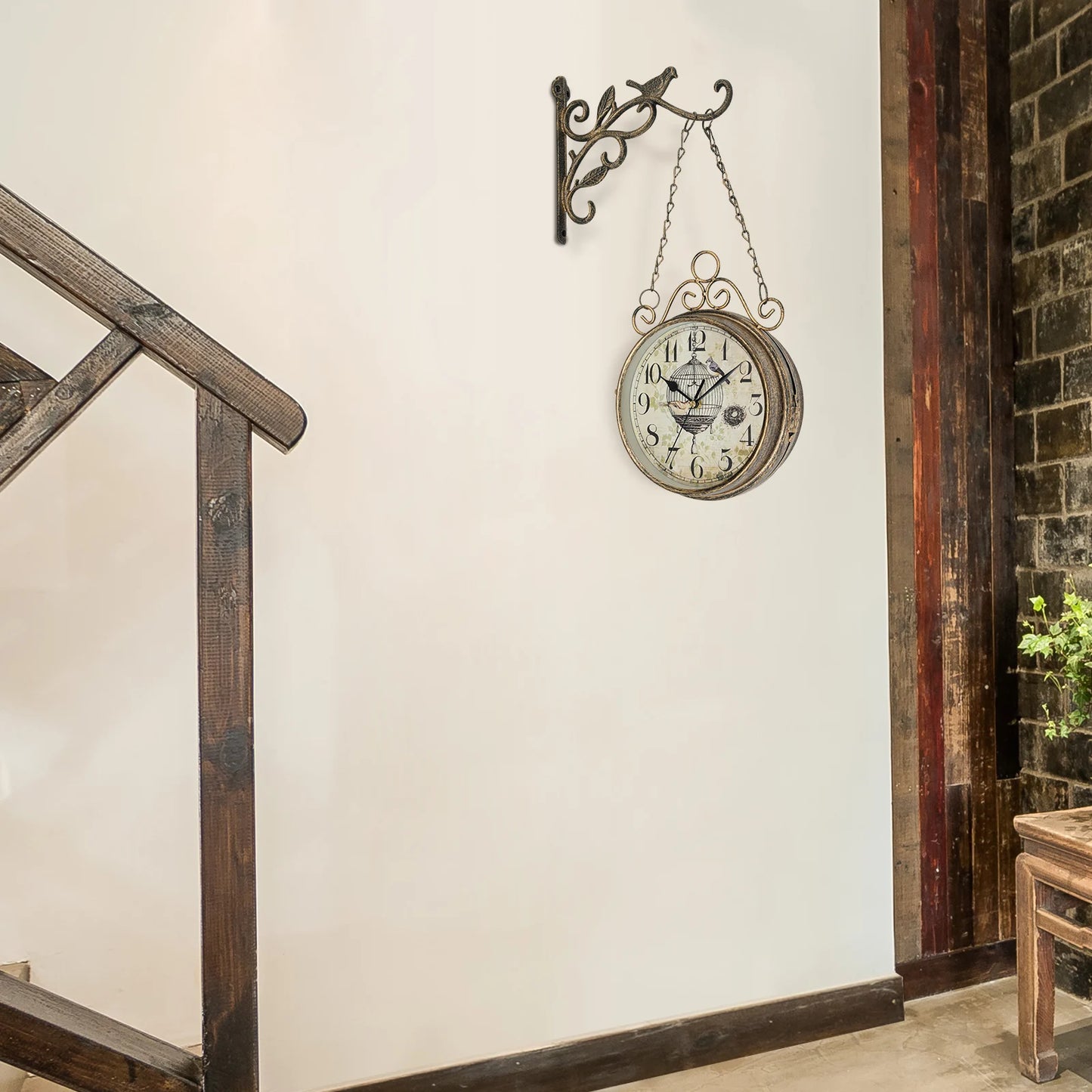 Double Sided Iron Wall Clock Vintage Round Design for Living Room Decor