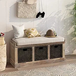 Rustic Storage Bench Entryway Bench with Rattan Baskets and Cushion