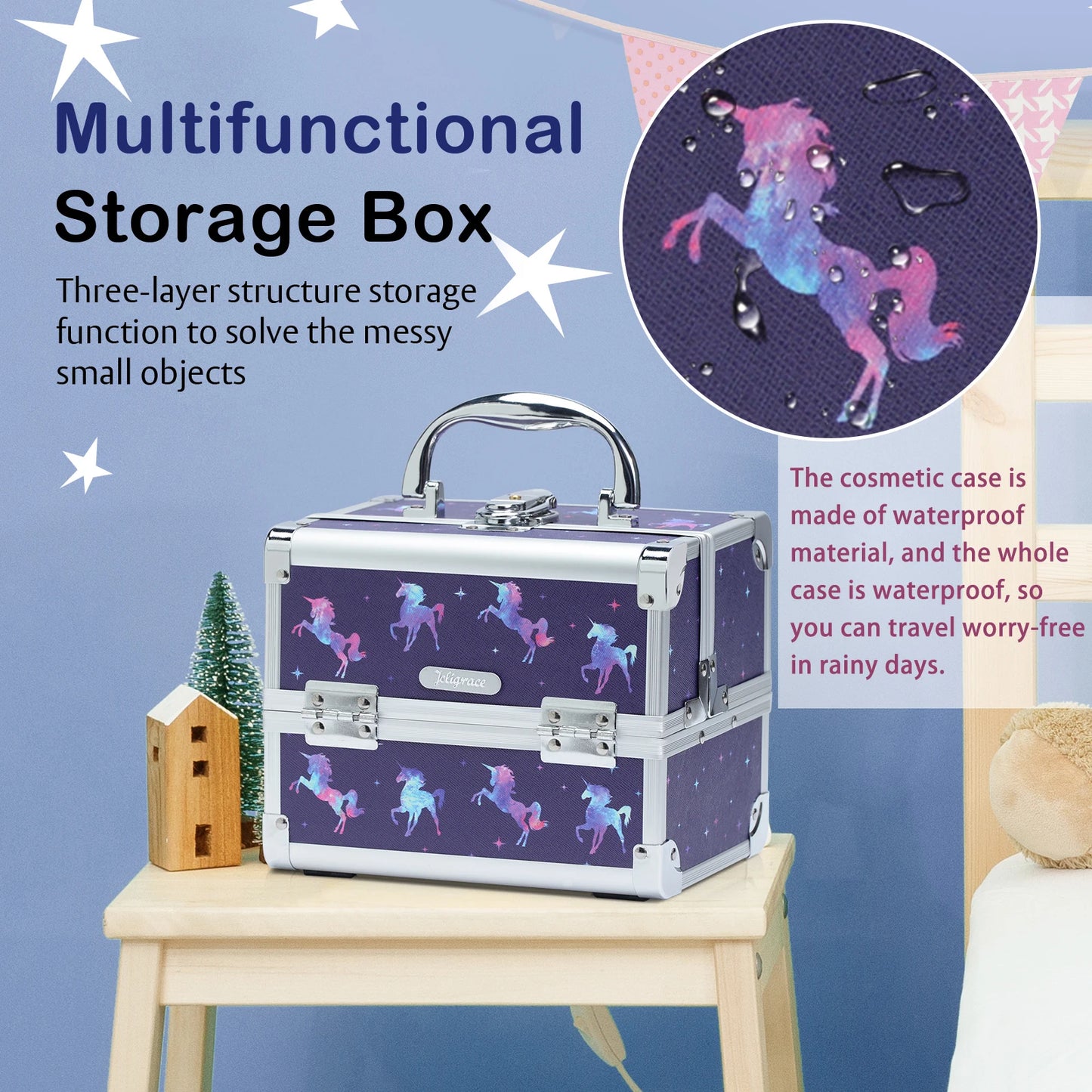 Ljustra Portable Unicorn Makeup Case with Lock Mirror and Trays Storage Box