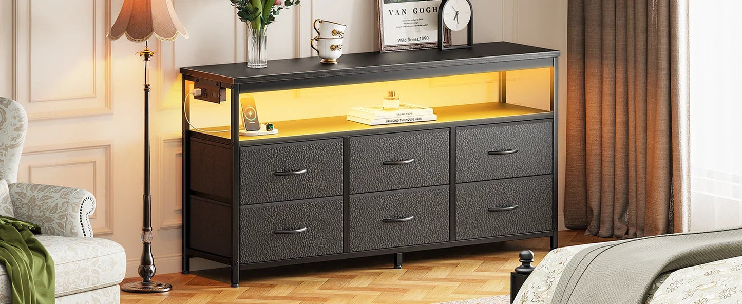 LED TV Stand 47 Inch Fabric Dresser with Power Outlets and 6 Drawers
