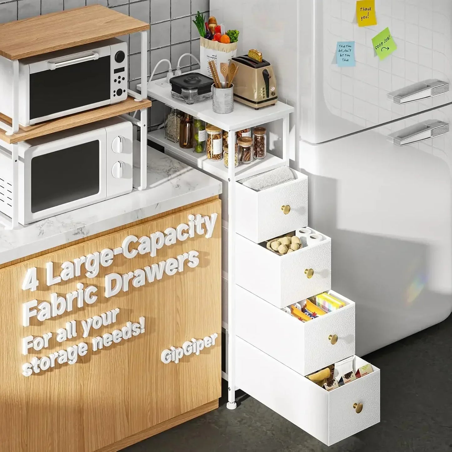 Narrow Dresser with Charging Station 4 Fabric Drawers Slim Chest