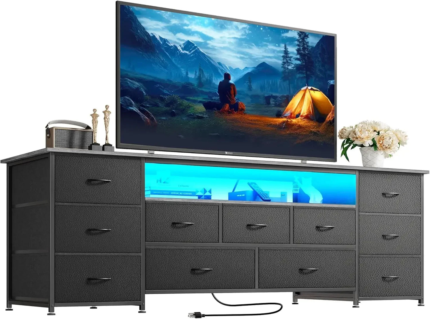 63 Inch TV Stand Dresser with LED Lights Power Outlets 11 Drawers Storage