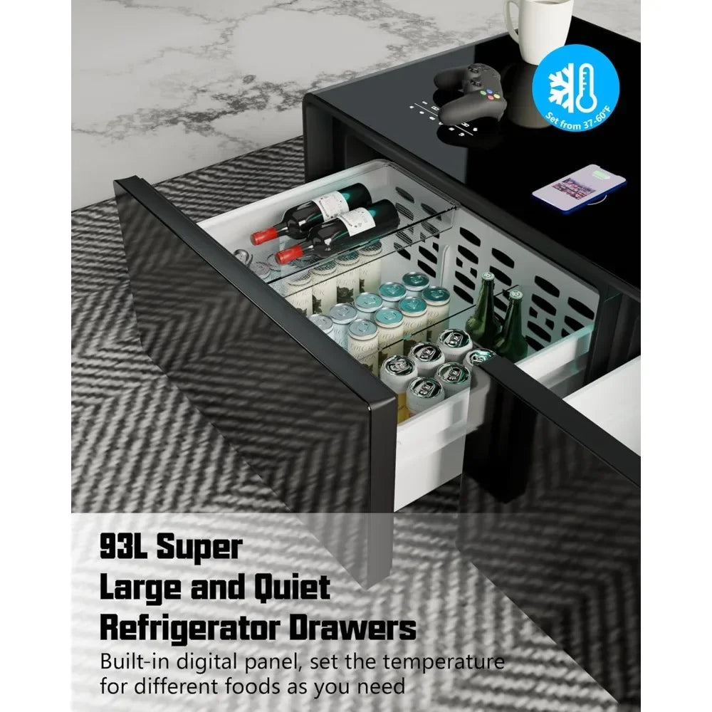 Smart Coffee Table with Built-in Fridge Speakers Wireless Charging USB Ports