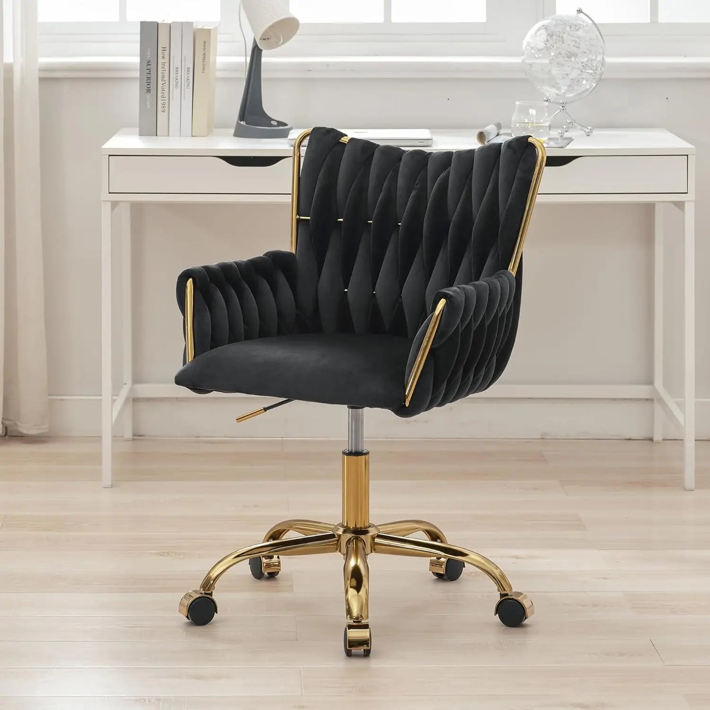 Office Desk Chair No Wheels Woven Velvet Vanity Chair Gold Metal Legs