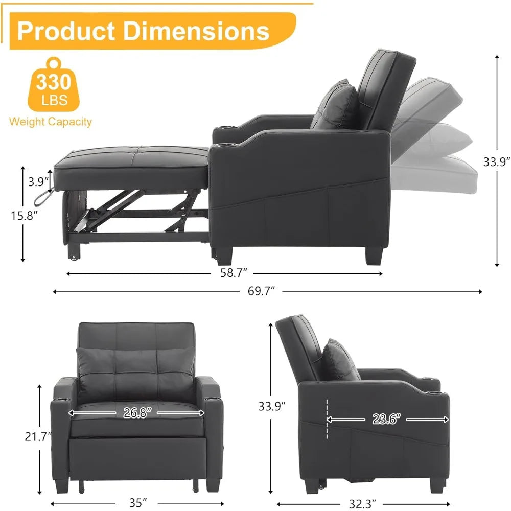 Sleeper Chair Convertible Sofa Bed with USB Ports Adjustable 3-in-1