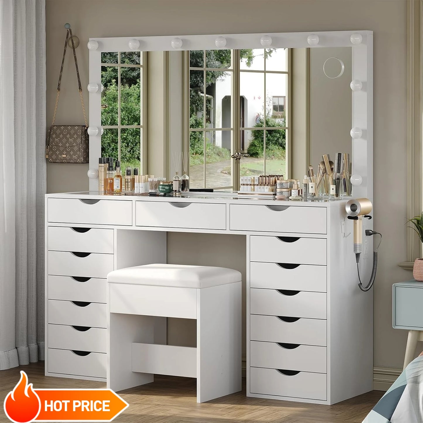 Vanity Desk with Mirror Lights Makeup Table Charging Station 15 Drawers