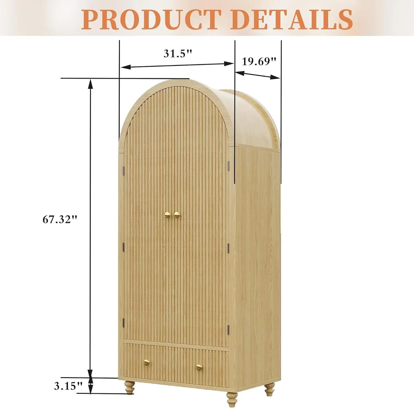 Modern Arched Wooden Storage Cabinet with Fluted Doors and Gold Knobs