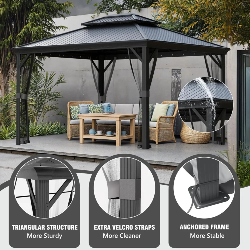 Sturdy 10x12 Aluminum Frame Gazebo with Steel Roof and Mosquito Netting