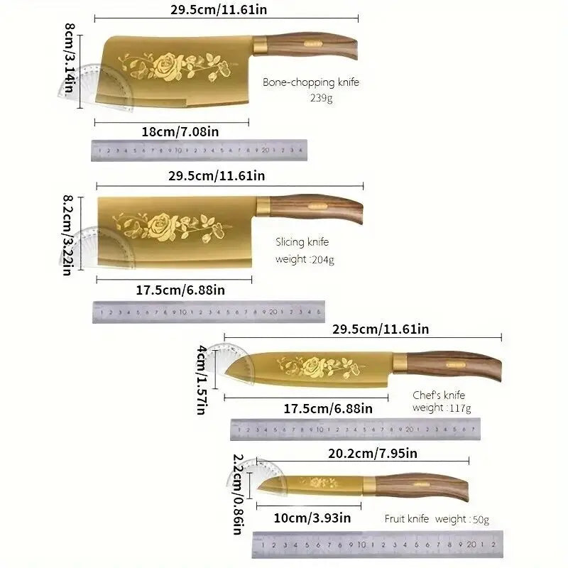 4-Piece Titanium-Coated Kitchen Knife Set for Home and Commercial Use