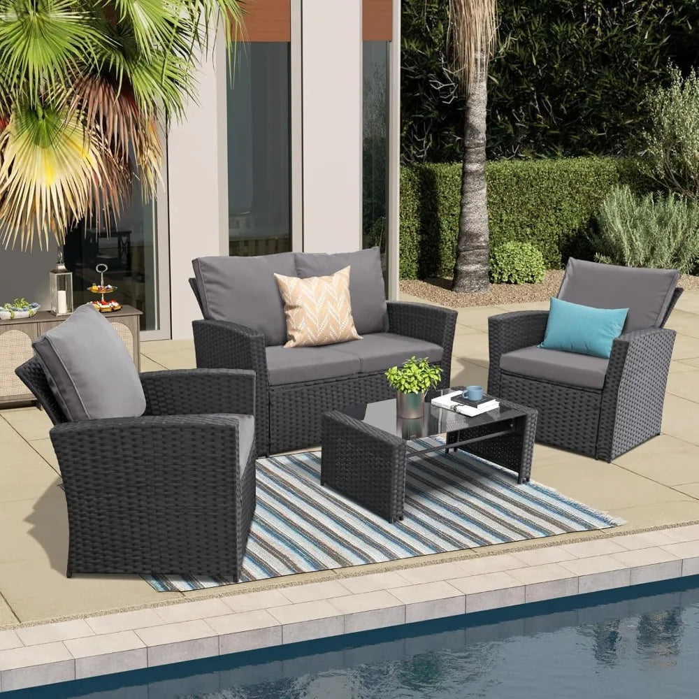 4 Piece Wicker Outdoor Patio Furniture Set Sectional Sofa with Table