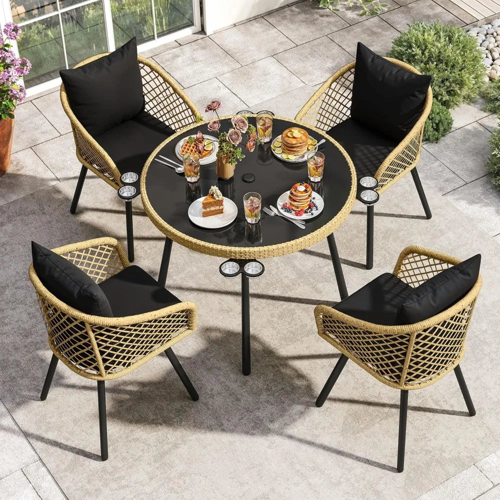 5 Piece Outdoor Dining Set with Rattan Chairs and Glass Top Table