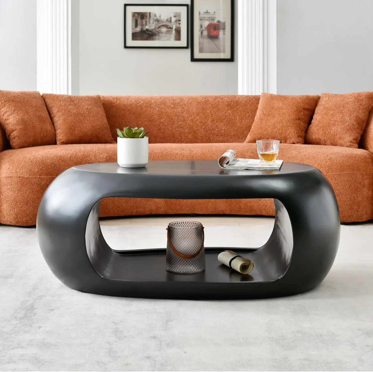 Ljustra Lumisol 53.93” Oval Coffee Table Modern Fiberglass Storage Shelf