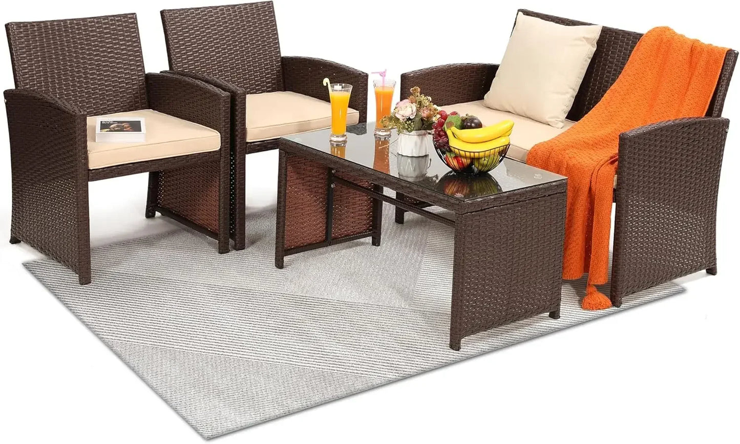 4 Piece Rattan Patio Furniture Set Outdoor Sectional Sofa Chairs Table