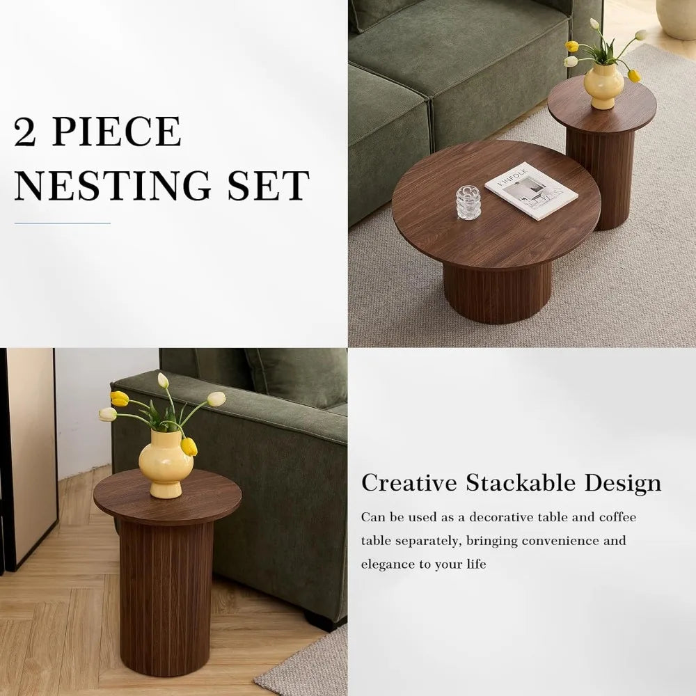 Small Round Coffee Table Set of 2 Wood Finish Nesting Tables Living Room