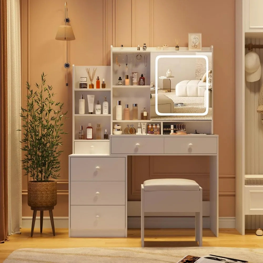 Vanity Makeup Mirror Desk with Stool Charging Station LED Lighted Storage