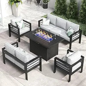 Aluminum Patio Furniture Set with Fire Pit Table 5 Pieces Modern Sofa