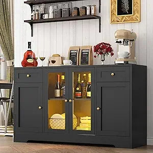 55 Inch Large LED Buffet Cabinet with Adjustable Shelves Charging Station