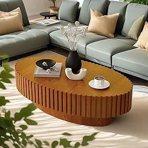 Round Fluted Coffee Table Modern Handcrafted Drum Table Low Profile