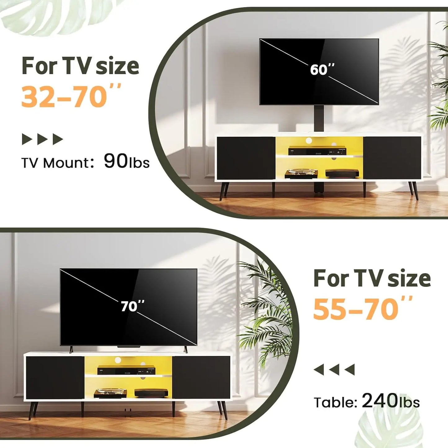 Modern Swivel TV Stand with Mount and LED Light for 70 Inch TVs